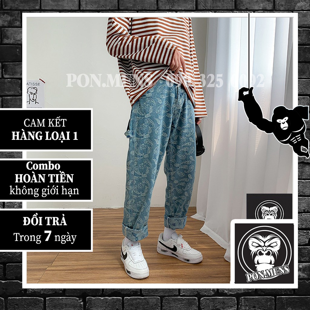 Quần jean nam nữ ống rộng xanh hoa văn - quần jean ống suông baggy nam đẹp 2021 | BigBuy360 - bigbuy360.vn
