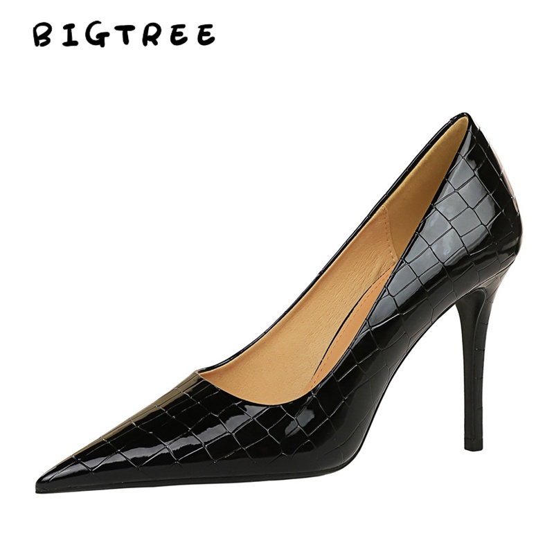 BIGTREE Chính Hãng Giày Cao Gót 10.5cm Mall-9611-7 Mũi Nhọn Miệng Nông Họa Tiết Vân Đá Bằng Kim Loại Phong Cách Retro Quyến Rũ Cho Nữ