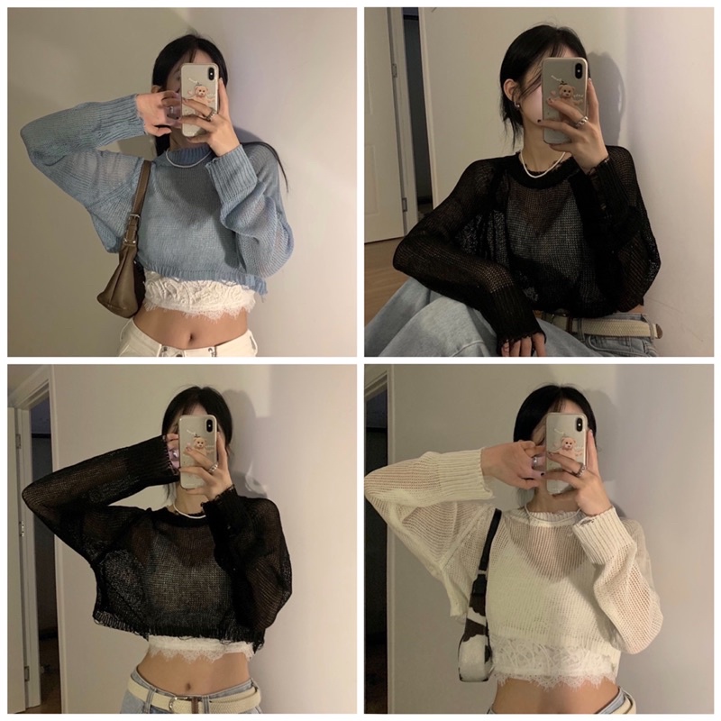 (KHÔNG KÈM BRA) Áo lưới tay dài dáng Croptop tua rua siêu xinh màu xanh/trắng/đen - Meadow