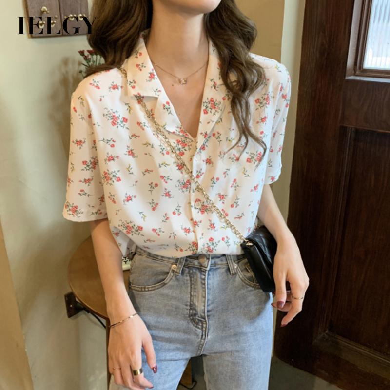 Áo sơ mi chiffon IELGY tay ngắn dáng ôm in họa tiết phong cách mùa hè thời trang cho nữ