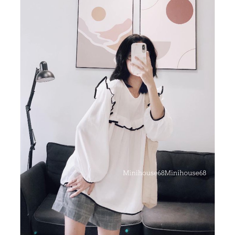 ÁO BBD TRẮNG TAY DÀI BÈO VIỀN ĐEN - ÁO KIỂU CÔNG SỞ NỮ (Ảnh thật shop chụp & clip cận chất vải) | BigBuy360 - bigbuy360.vn