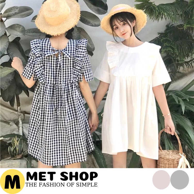 Đầm babydoll dáng ngắn VINTAGE,Váy trắng caro đôi bạn thân DVI3, Đầm xòe phôi viền bèo xin Ulzzang