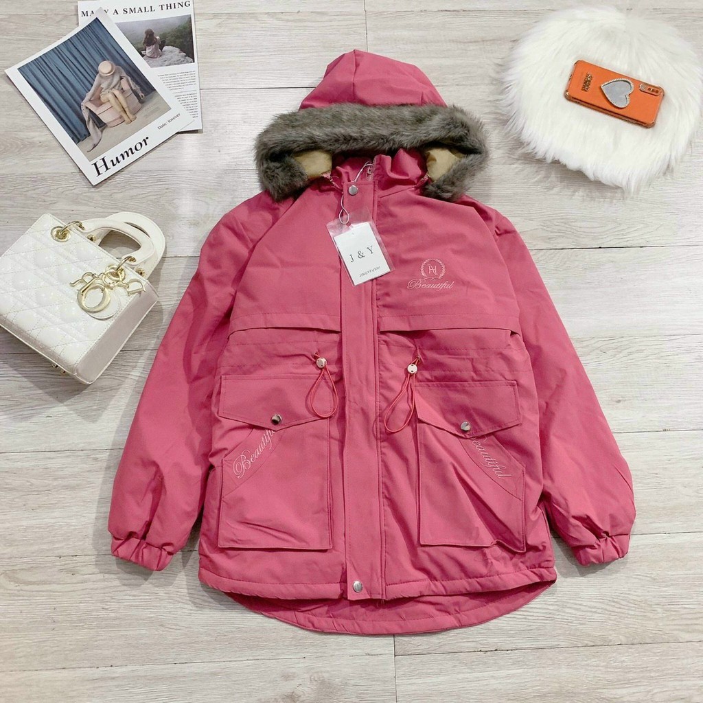 áo phao nữ hàn quốc dáng dài , áo khoác parka nữ lót lông có dây rút eo thêu chữ Beautiful 3 màu