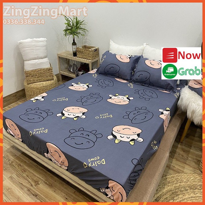 Bộ Drap Ga Gối Mẫu Bò Xám, Cotton poly vỏ gối 45x65cm có khóa kéo chắc chắn ( Được lựa thêm mẫu khác )