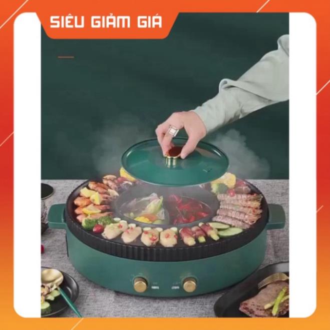 Nồi lẩu nướng điện đa năng 2 trong 1 tròn loại to tặng kèm bộ chuyển đổi 3 chấu thành 2 chấu