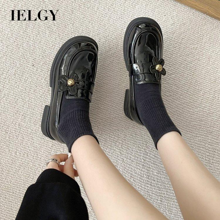 Giày da IELGY đế bằng mũi tròn phong cách Anh Quốc thời trang dành cho nữ