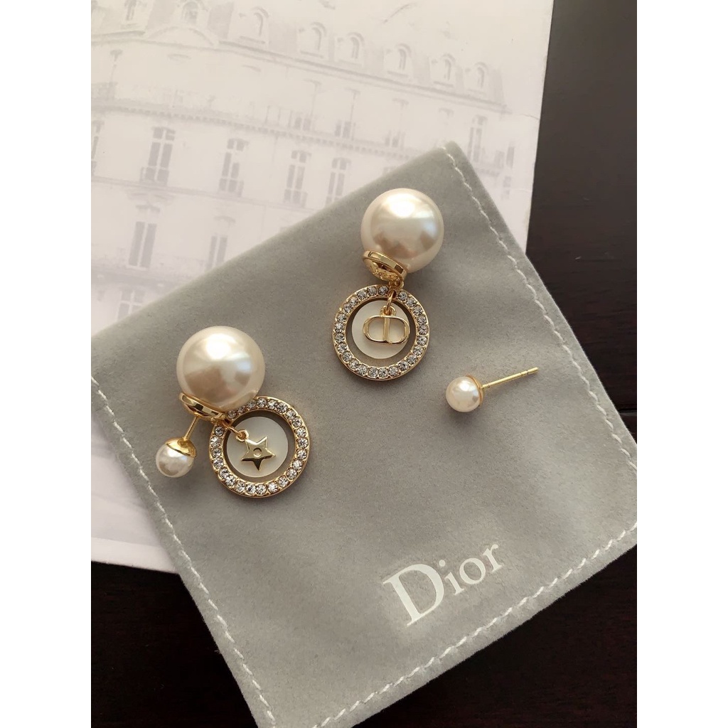 DIOR Bông Tai Bạc 925 Dạng Móc Hình Tròn Khắc Chữ Phong Cách Hàn Quốc