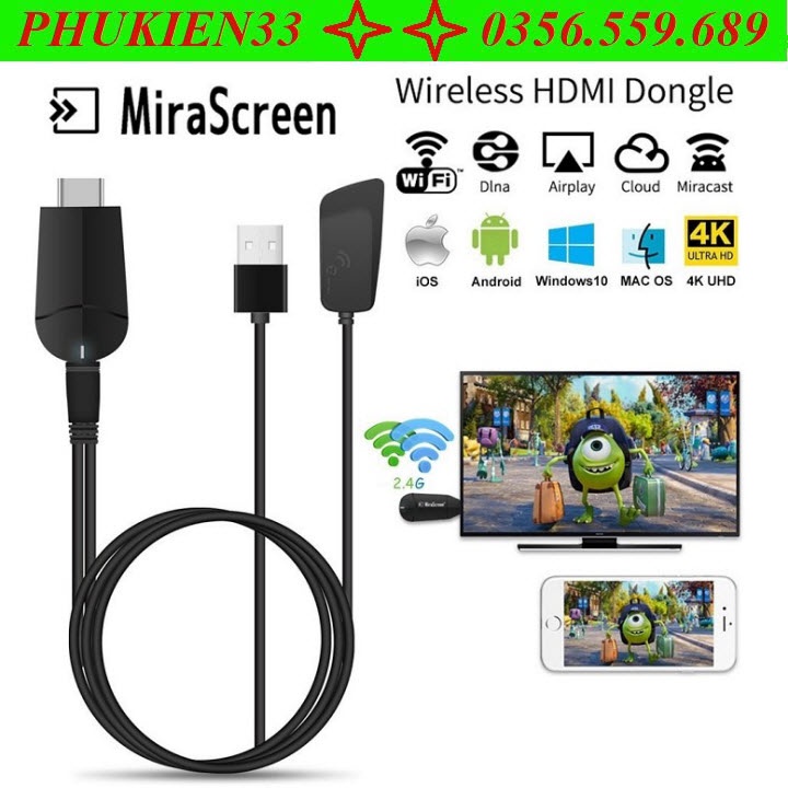 Thiết Bị HDMI Không Dây MiraScreen K6 4K 2.4 Ghz kết nối điện thợi với tivi 4K