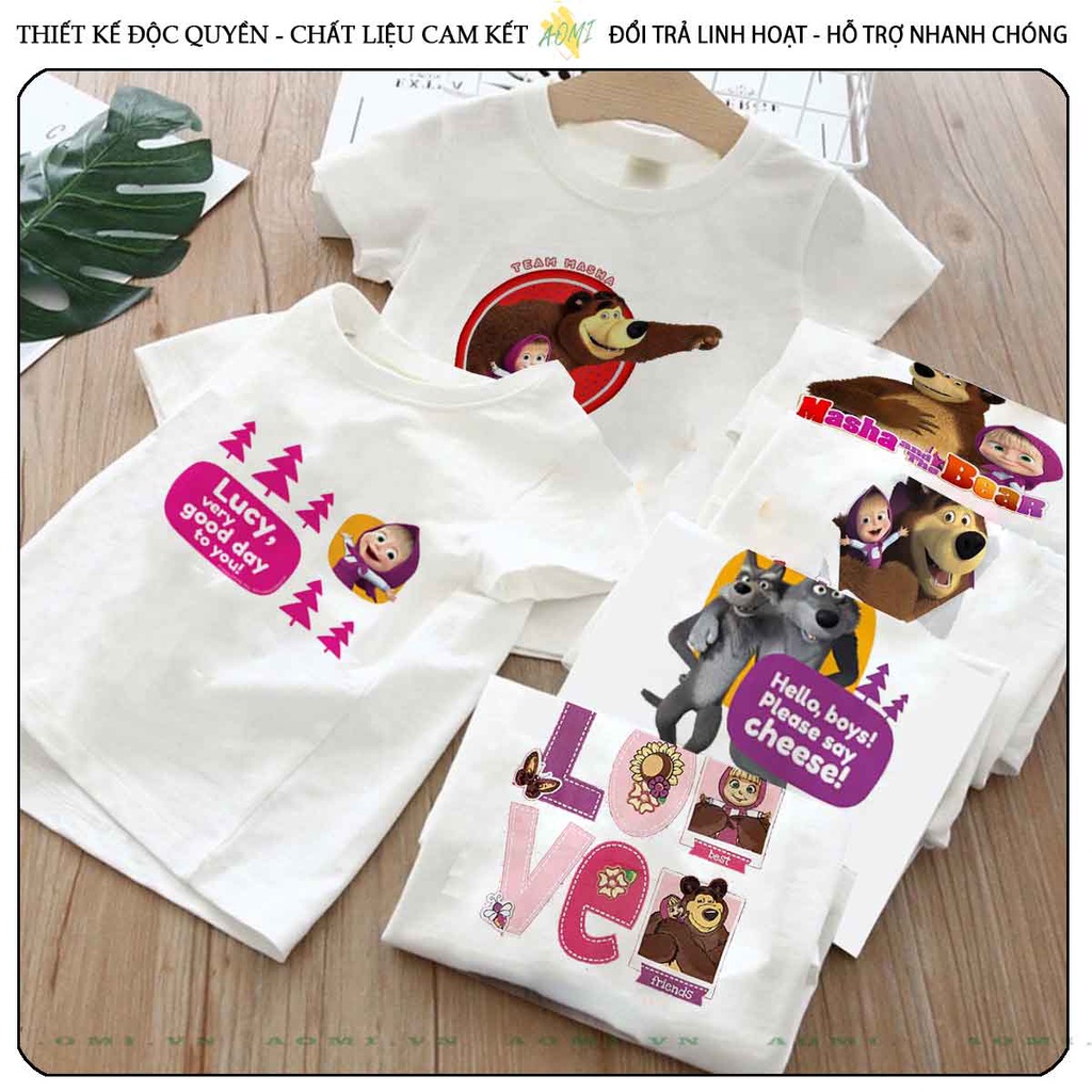 ÁO THUN UNISEX masha and bear gấu nâu PHÔNG TRẮNG TAY NGẮN NAM NỮ GIA ĐÌNH CẶP ĐÔI SIZE TRẺ EM BÉ TRAI GÁI AOMIVN