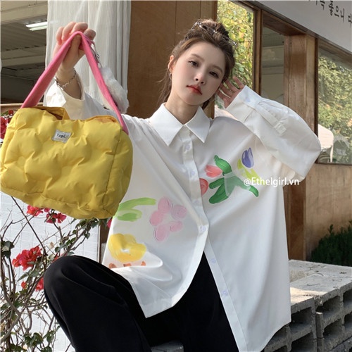 Áo Sơ Mi Nữ Tay Dài Dáng Rộng Cổ Polo In Họa Tiết Phong Cách Hàn Quốc