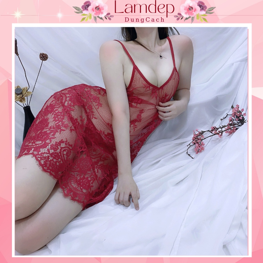Váy ngủ sexy cao cấp – Váy ngủ gợi cảm ren hoa cổ V hàng quảng châu Ren Hoa SRH1123