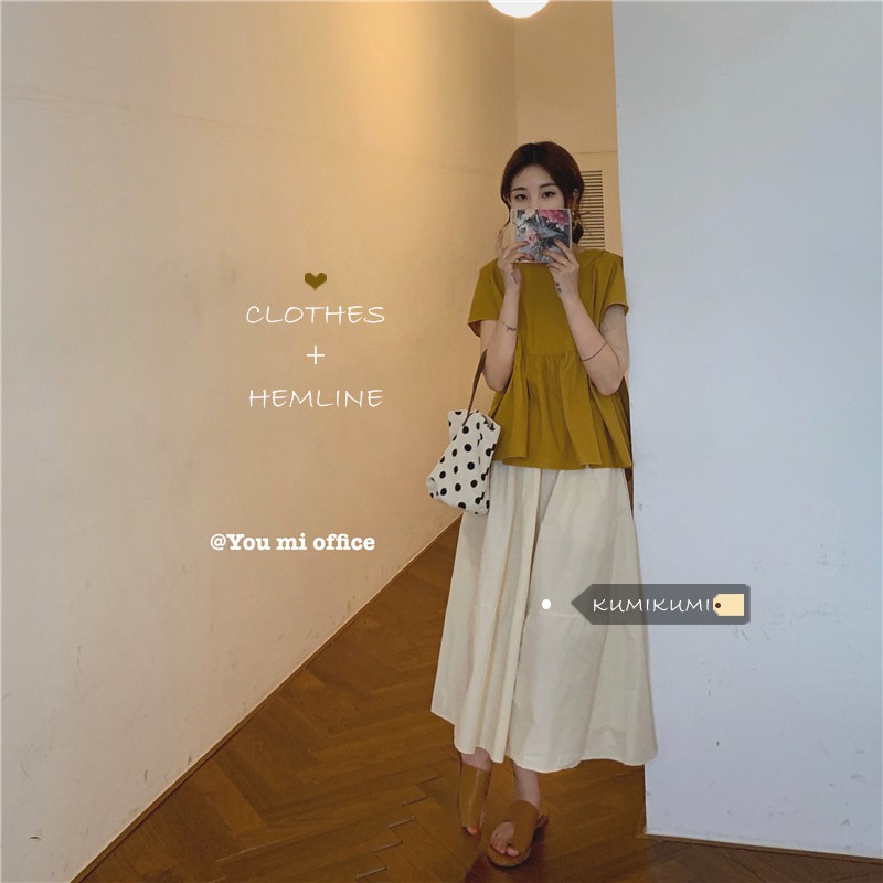 (ORDER) Set áo sơ mi babydoll + Chân váy trắng xòe dài vintage nhẹ nhàng Hàn Quốc