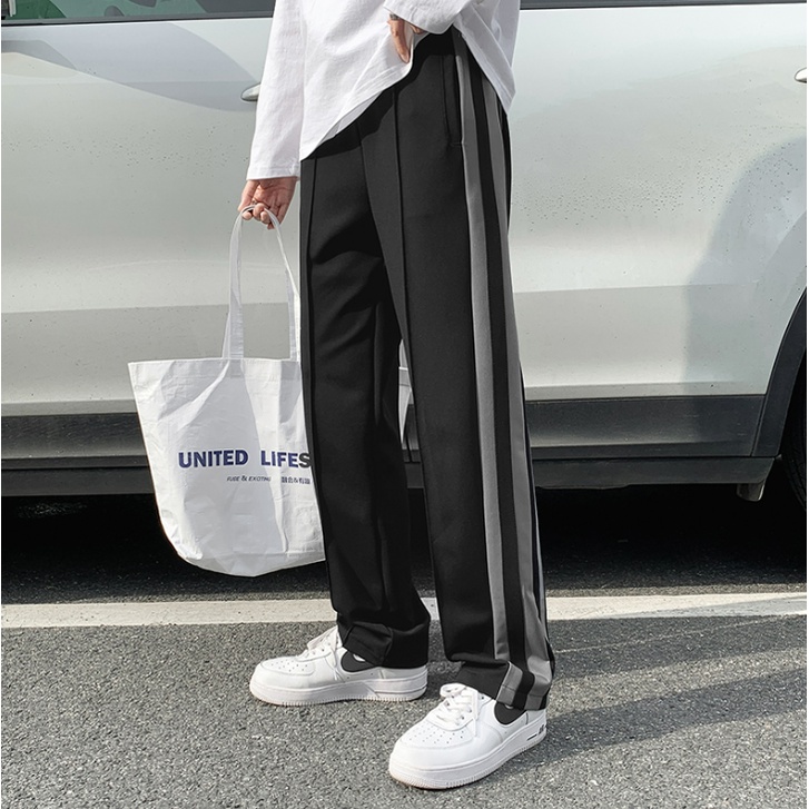 Quần Dài Thể Thao Dáng Suông Rộng Màu Trơn Kẻ Sọc Thời Trang Hàn Quốc Cho Nam