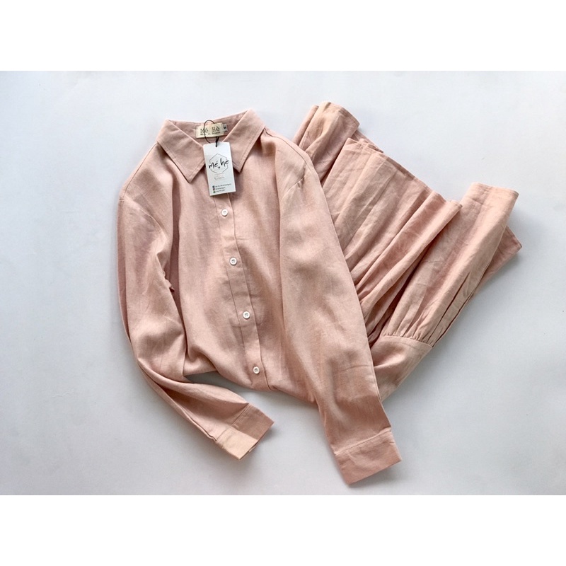 Đầm sơ mi linen babydoll trắng/hồng