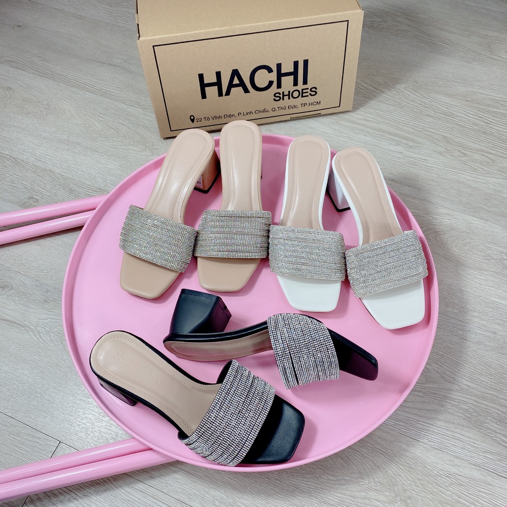 Dép guốc nữ đính đá gót vuông cao 5cm B130 Hachi shoes