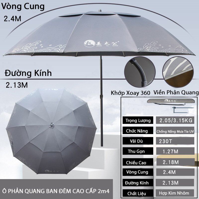 Ô dù câu cá loại dày đẹp có viền phản quang 2m2 và 2m4