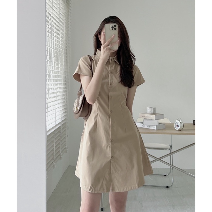 Đầm váy sơ mi tay ngắn lưng chun chiết eo nhiều màu thời trang AURORA
