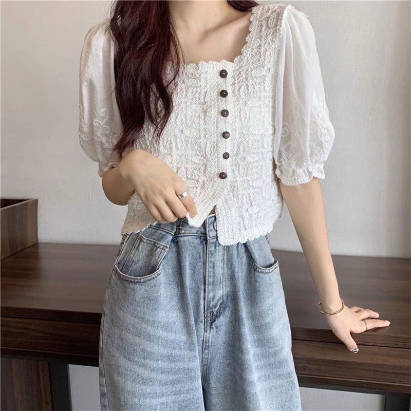 Áo Kiểu Cổ Vuông Tay Phồng Thêu Ren Phong Cách Pháp Ngọt Ngào Thời Trang Mùa Hè Cho Nữ