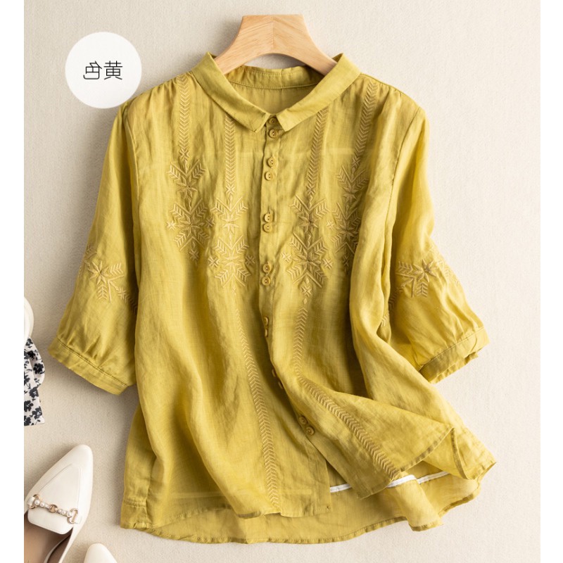 Ice embroidered blouse cotton linen short-sleeved thin shirt Japanese ramie pick up ~ big brand cut label