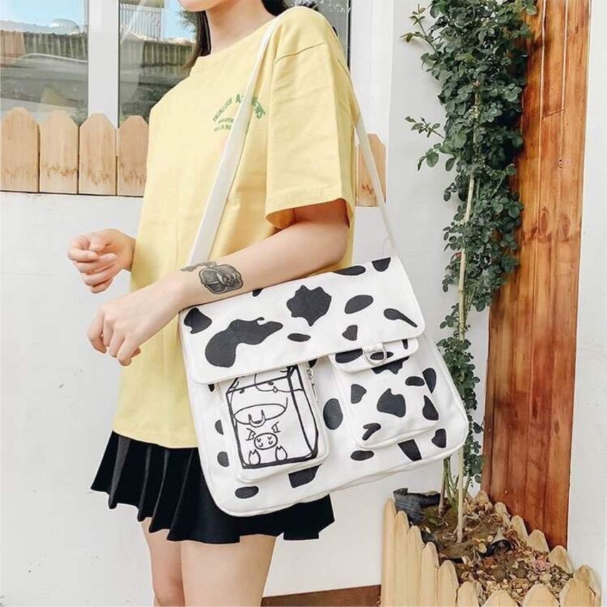 Túi Tote đeo chéo vải canvas NAM NỮ họa tiết bò sữa cao cấp phong cách Hàn Quốc Hot Trend