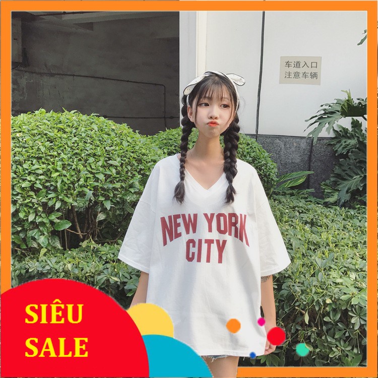 Áo Thun Cotton Tay Lỡ New York City Trắng mKieuer Dáng Xì Tin