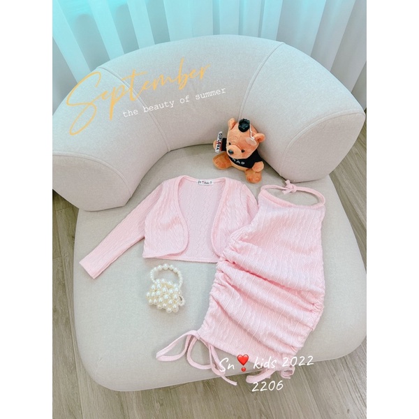 Set len thừng áo khoác + váy dây body cho bé gái