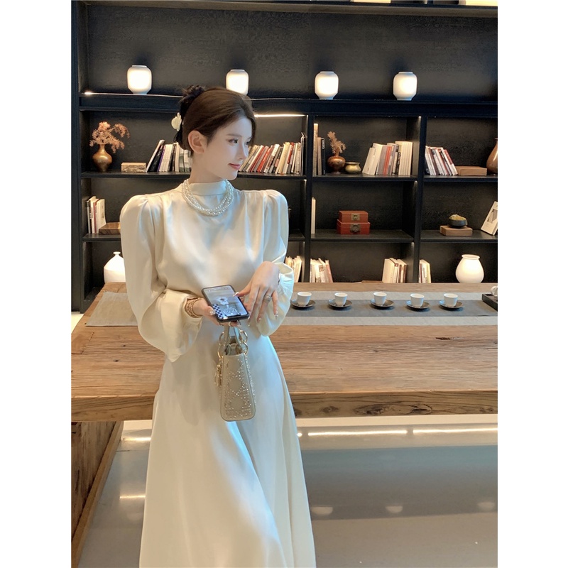 Set Áo Sơ Mi Tay Dài Cổ Tròn Vải Satin Cao Cấp Phối Chân Váy Lưng Cao Thời Trang Pháp Sang Trọng Cho Nữ