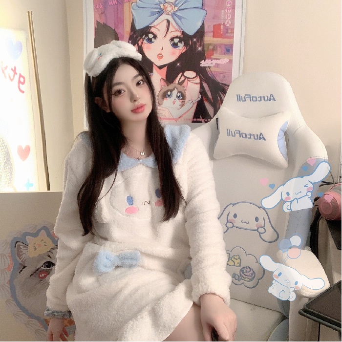 Đầm ngủ vải lông cừu san hô phong cách nhân vật hoạt hình Cinnamoroll thời trang thu đông Hàn Quốc dễ thương cho nữ