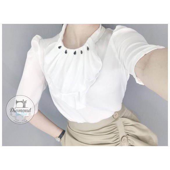 Áo Sơ Mi Nữ Ngắn Tay Công Sở Cổ Bèo Xếp Ly