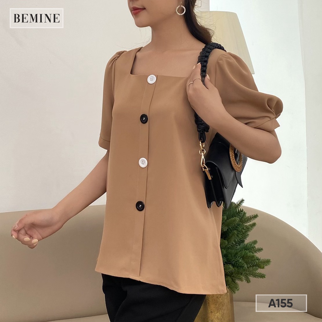 Áo sơ mi công sở nữ cổ vuông tay bồng nút phối thanh lịch BEMINE A155NAU