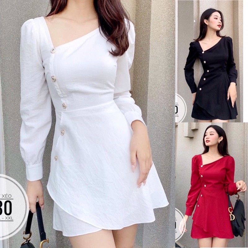 BIGSIZE Đầm nút xéo D730 Chất liệu: vải cotton thái Màu sắc: đen-trắng- đỏ