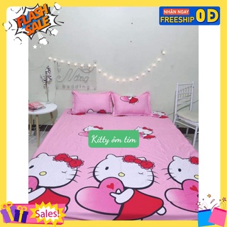 Ga Trải Giường Bo Chun 1m8x2m,Vải Cotton Poly Hàn-mẫu hello kitty ôm tim