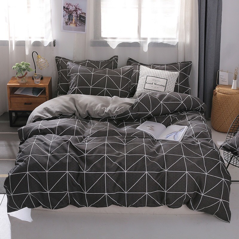 Decor phòng ngủ nhỏ tối giản bộ Chăn ga gối Cotton tone xám kẻ vuông Minimalist Style Chato Bedding