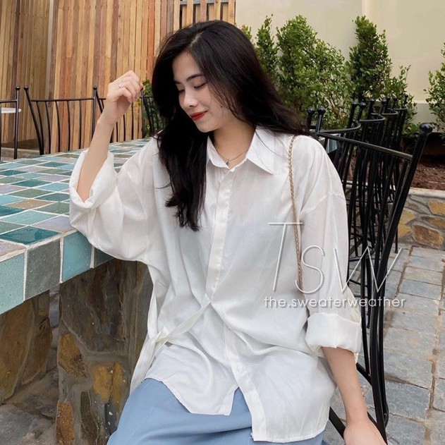 Áo sơ mi nữ form rộng chất tuyết hàn có dây thắt eo hàng Quảng Châu, sơ mi dài tay đi học đi chơi ASM05