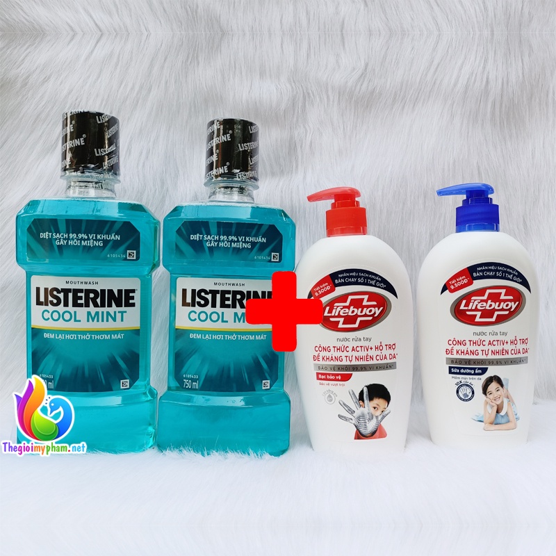 Combo 2 Chai Nước Súc Miệng Listerine Cool Mint 750ml/Nước Rửa Tay Sạch Khuẩn Lifebuoy 450g