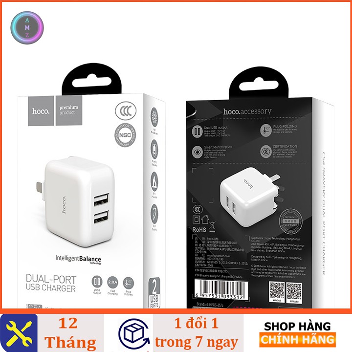 Củ sạc Nhanh Fast Charging -2 Cổng USB 2A Hoco C54 -BH 12 tháng