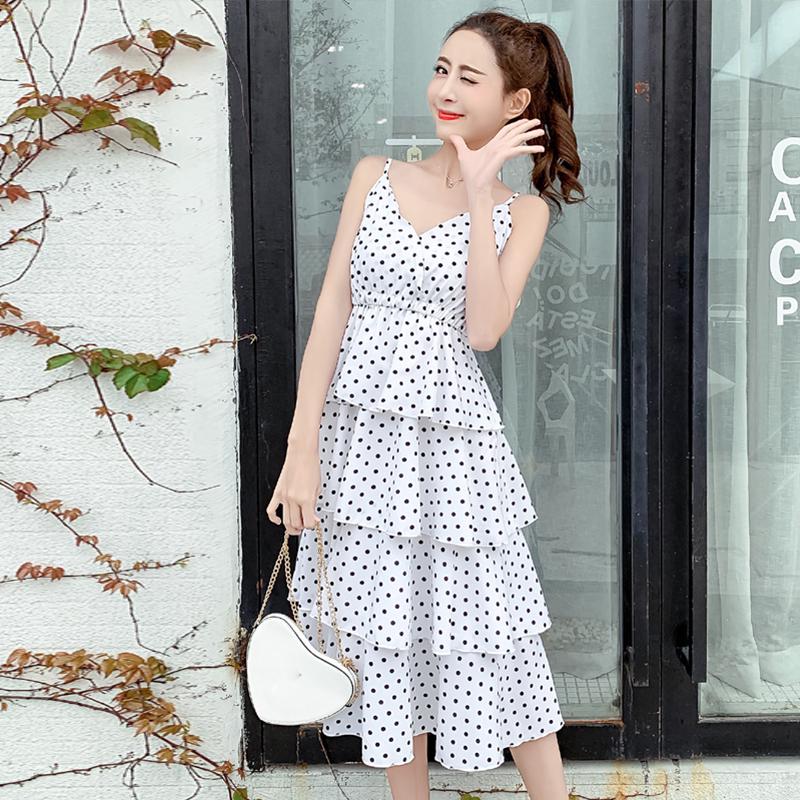 Đầm 2 dây dài xếp tầng hoạ tiết chấm bi xinh xắn cho nữ