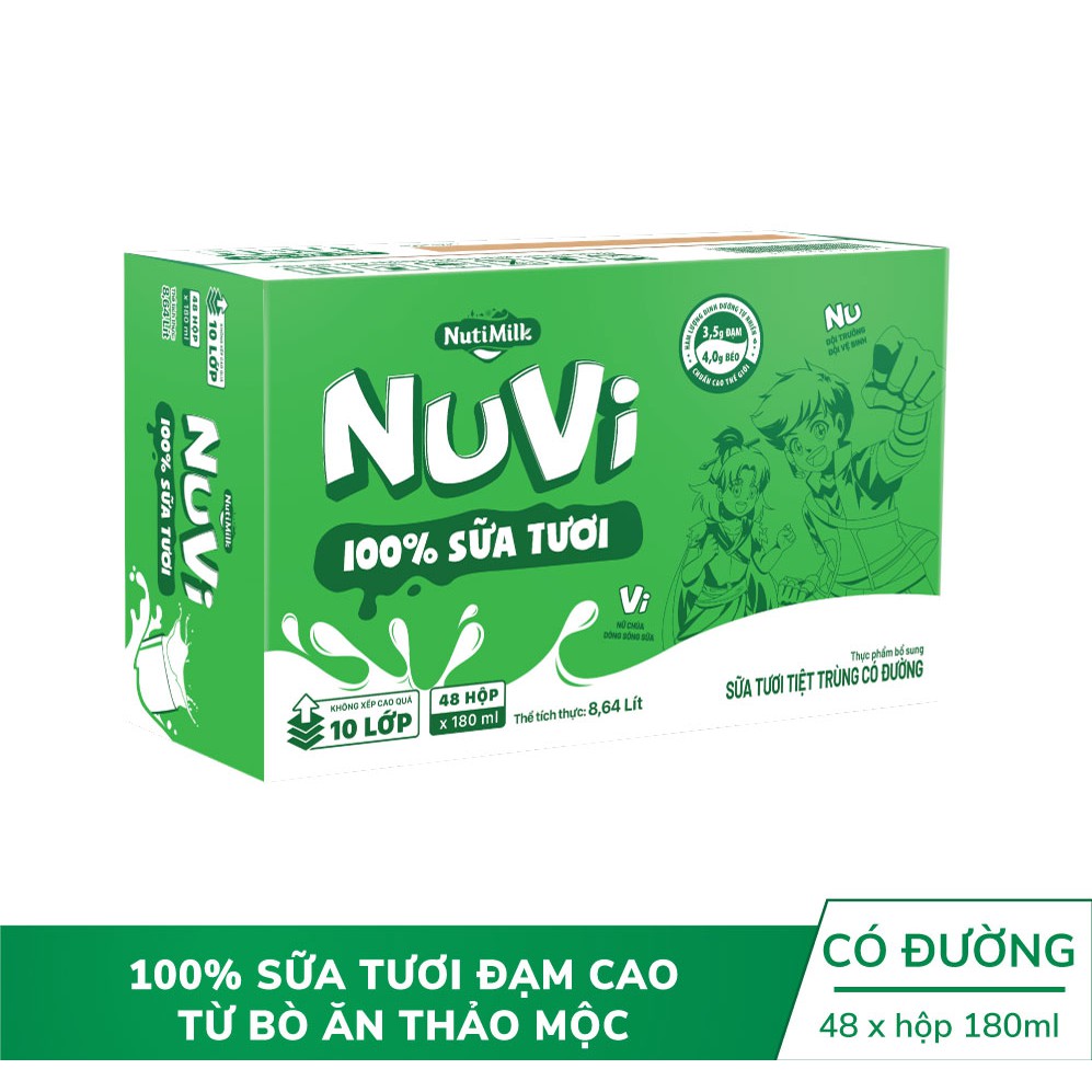 Thùng 48 Hộp NuVi 100% Sữa Tươi Tiệt Trùng Có Đường hộp 180ml