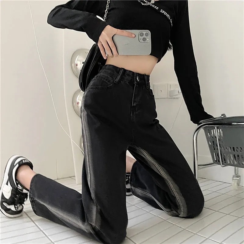 Quần Jeans Nữ Màu Đen Phối Light Sọc Cạp Cap Ống Suông Cá Tính Chất Jean Dày Dặn Loại 1 Dễ Mix Đồ Mặc Hàng Ngày