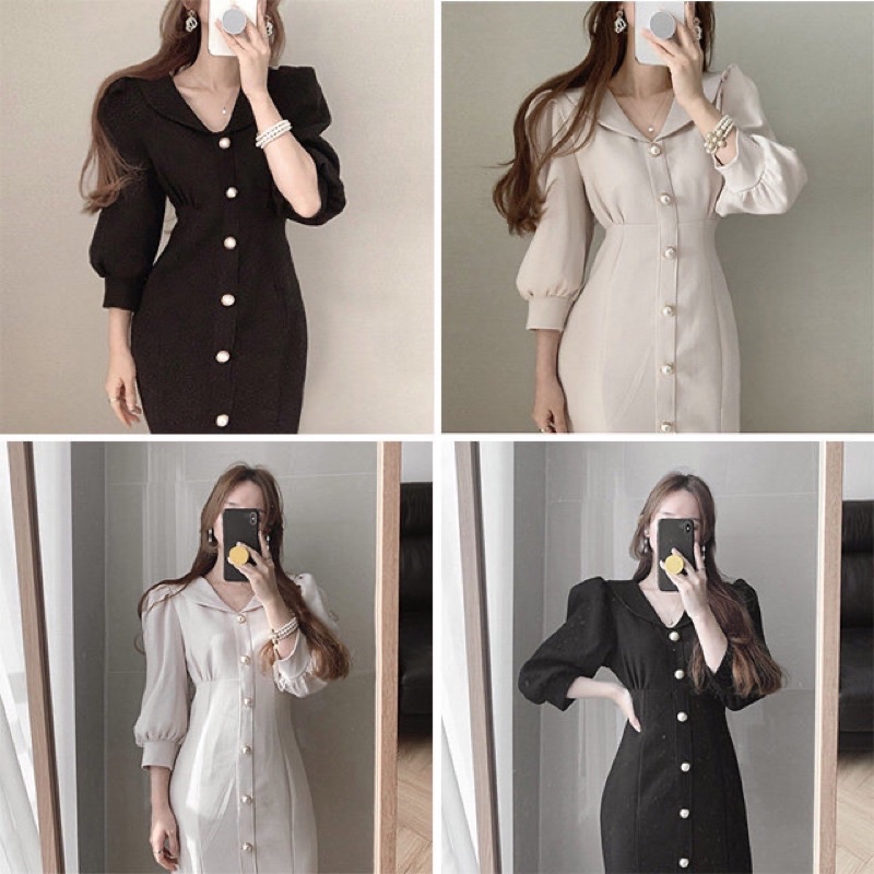Đầm công sở tay lửng cổ áo sơ mi cúc ngọc, chân váy đuôi cá