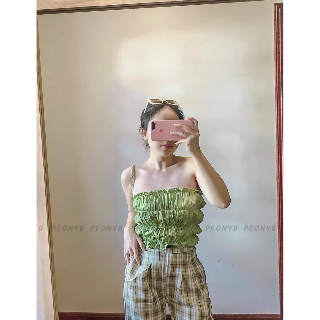 Áo Quây Xanh Lá PEONYB Nữ [FREESHIP] 🌸 Croptop body dúm viền bèo, thun ống dáng ôm 3 tầng cá tính Ulzzang 🌸