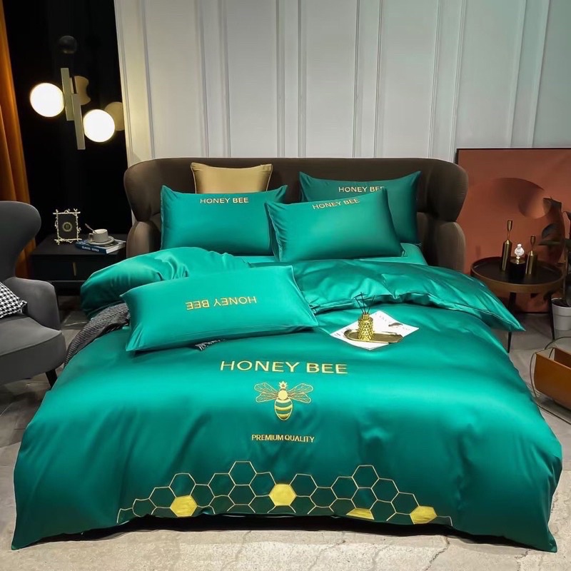 Bộ Chăn Ga Gối Lụa Cotton HONEY BEE Thêu Ong Sang Trọng Hàng Nhập Khẩu