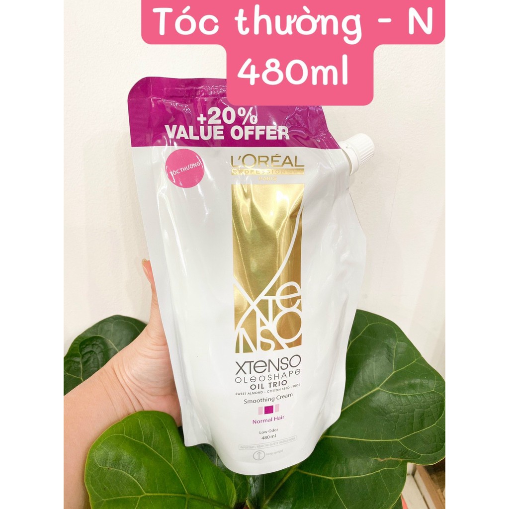 Cặp thuốc duỗi, uốn tóc L'Oreal XTenso Oleo Shape Smoothing Cream 480ml dành cho tóc trung bình