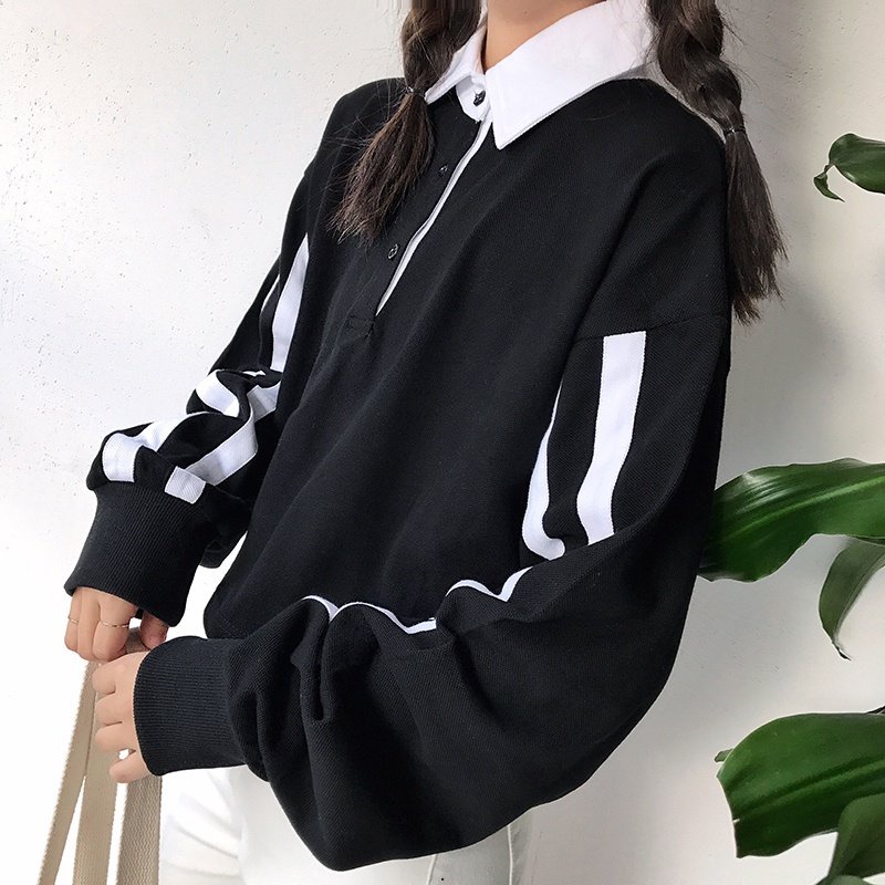 Áo polo Tay Dài Dáng Rộng Ngắn Họa Tiết Kẻ Sọc Thời Trang Hàn Quốc 2022 Mới