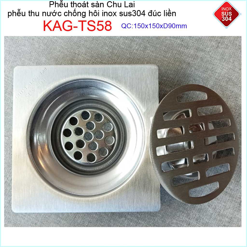 Phễu thoát sàn Chu Lai 15x15cm KAG-TS58-D90, Hố ga Thoát sàn chống hôi ống 9cm inox 304 đúc dày thoát nhanh chặn tóc tốt