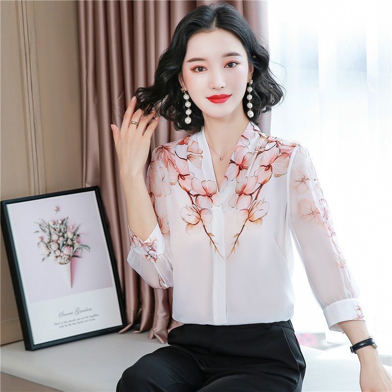 sơ mi nữ dài tay cổ v vai in hoa chất liệu nhẹ thoáng mát