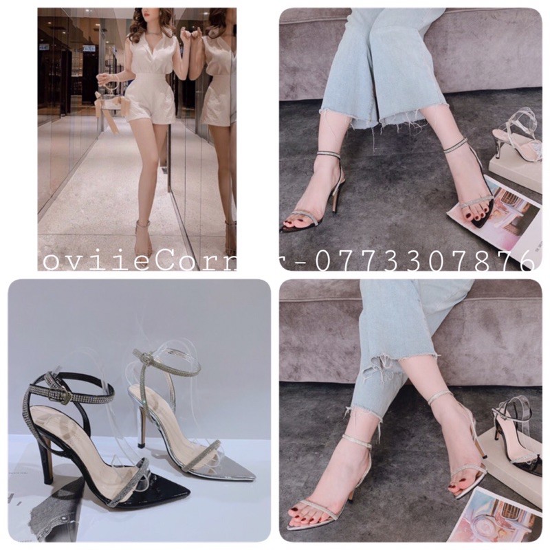 GIÀY CAO GÓT 9CM LOVIIECORNER - SANDAL QUAI MẢNH ĐÍNH ĐÁ - SANDAL CAO GÓT NHỌN 9 PHÂN DÂY MẢNH G201165