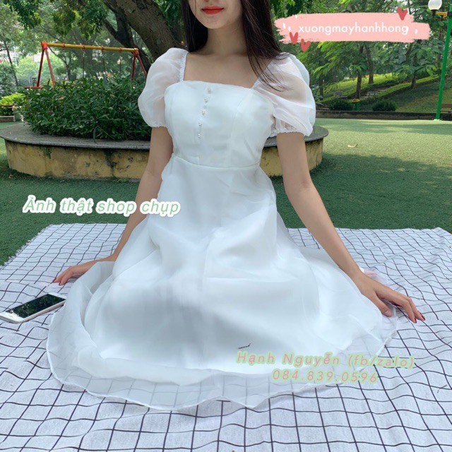 Váy trắng dự tiệc tiểu thư tay phồng cổ vuông, Váy công chúa trắng tay bồng có đệm ngực | BigBuy360 - bigbuy360.vn