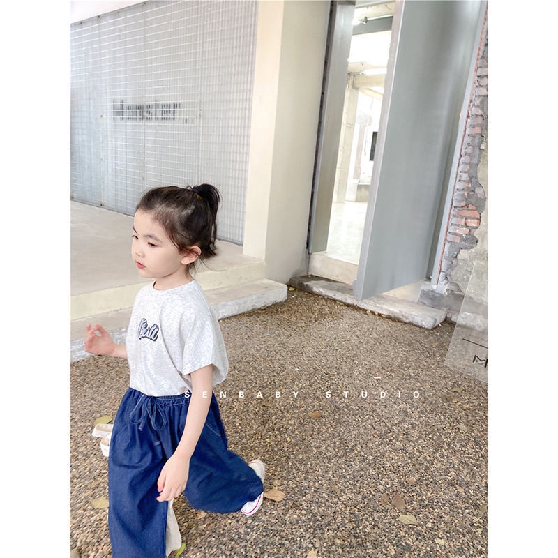 Bộ Áo Thun Tay Ngắn Và Quần Denim Cotton Dáng Rộng Thoải Mái Phong Cách Hàn Quốc Cho Bé Gái