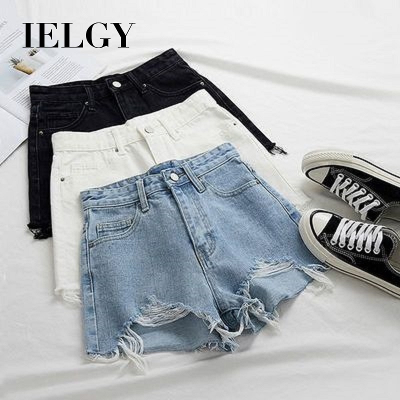 IELGY   Quần Short denim Cạp Cao Rách Của Phụ Nữ
